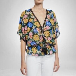 Jade Johnny Was V-Neck Black Floral Blouse with Lace Detail Size S 100% Rayon